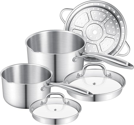 Leetaltree 1.5 and 2.5 Quart Stainless Steel Saucepan with Steamer Basket, Tri-ply Construction, Multipurpose Sauce Pan with Double-sized Drainage Lid - Perfect for Cooking Gravies, Pasta, Vegetable