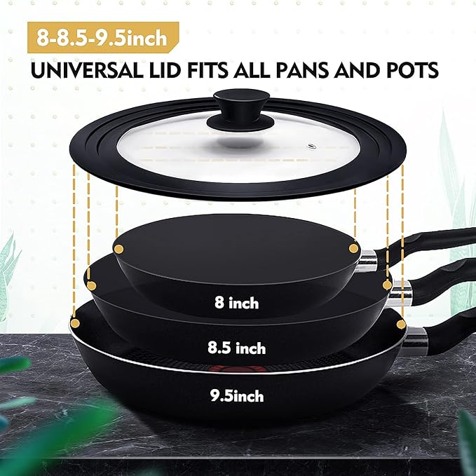 Universal Lid for Pots, Pans and Skillets, Pot Lid With Heat Resistant Silicone Rim and Tempered Glass, Fits 8", 8.5", 9.5" Diameter Pots and Pans