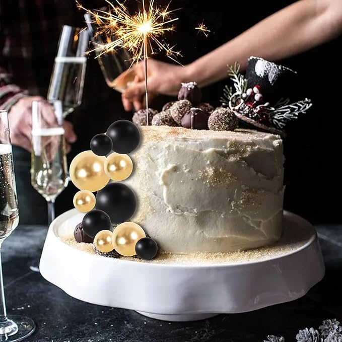 BEISHIDA 40 Pcs Ball Cake Toppers Mini Balls Cake Decorations Black Gold Foam Balls Sticks DIY Cake Topper for Baking Congrats Grade 2025 Graduation Birthday Retirement Party Decorations (Black Gold)