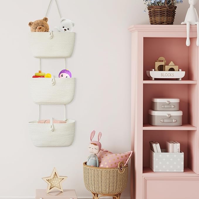 TeoKJ 3-Tier Hanging Baskets for Storage with Pearl Button Strap, Over The Door Storage Baskets for Bathroom, Bedroom, Closet, Door Storage Organizer for Decoration, White