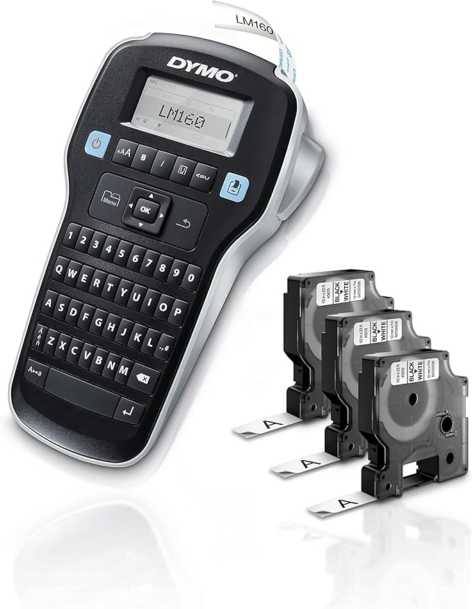 DYMO LabelManager 160 Portable Label Maker Bundle, Easy-to-Use, One-Touch Smart Keys, QWERTY Keyboard, Large Display, For Home & Office Organization, Includes 3 D1 label cassettes