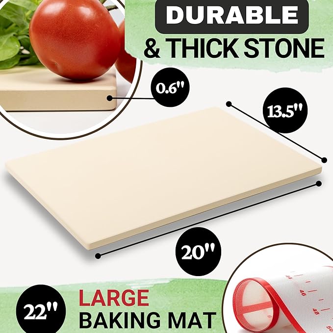 Large 20 inch Baking Stone for Oven, with Silicone Mat and Dough Tool - Pizza Stone for Grill - Rectangular Pizza Oven Stone - Bread Baking Stone - Thick Heavy Duty Stone 20" x 13.5" x 0.6"