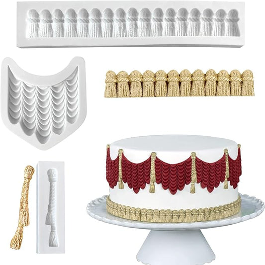 Macrame Tassel Cake Decoration Fondant Border Mold 3pcs, Curtain Chocolate Silicone Molds for Cake Decorating Candy Sugar Craft Flower Paste Cookies Marzipan Butter Gum Clay Resin Gypsum