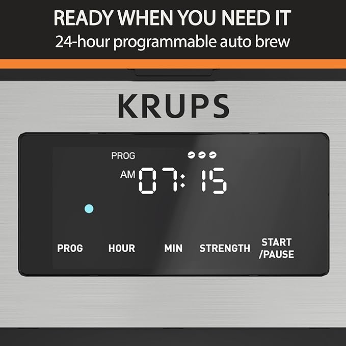Krups Simply Brew Stainless Steel and Thermal Carafe Drip Coffee Maker 12 Cup Programmable, Customizable, Digital Display, Insulated Coffee Filter, Dishwasher Safe, Drip Free Silver and Black