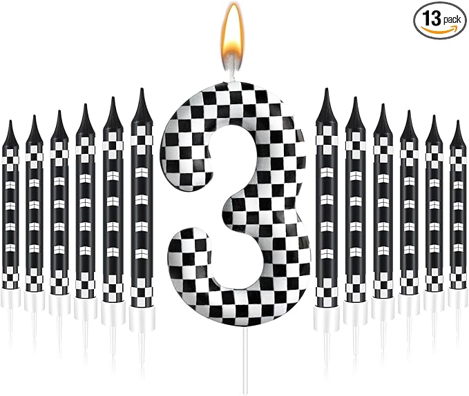 13 Pcs Racing Cars Themed Birthday Candles Black and White Race Number 3 Checkered Candle Cake Topper for Racing Car Party Decoration Supplies (Number 3)
