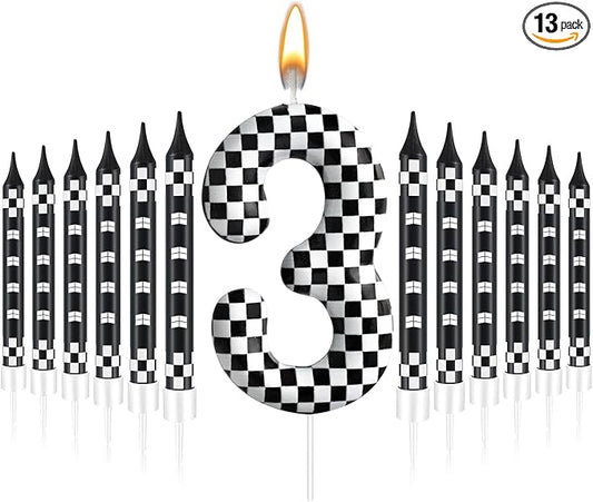 13 Pcs Racing Cars Themed Birthday Candles Black and White Race Number 3 Checkered Candle Cake Topper for Racing Car Party Decoration Supplies (Number 3)