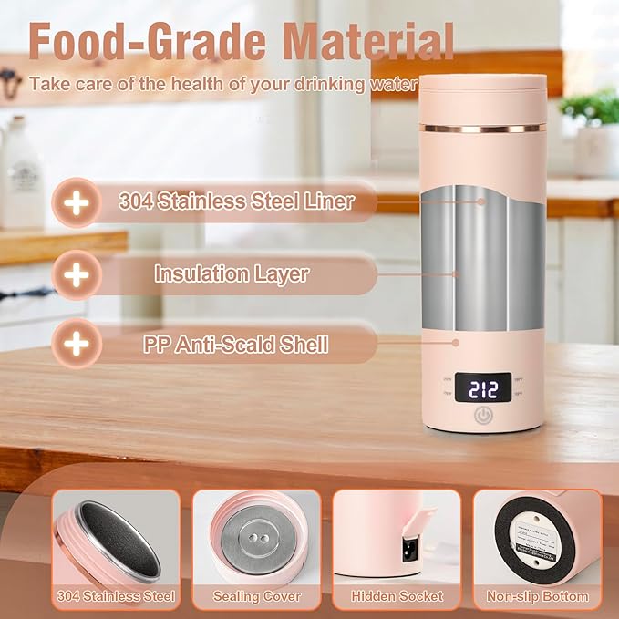 Travel Electric Kettle Portable Mini Kettle,Small Hot Water Boiler with 4 Temperature Settings,304 Stainless Steel,Fast Boiling Water with Auto Shut-Off and Boil Dry Protection (Pink, 400ml)