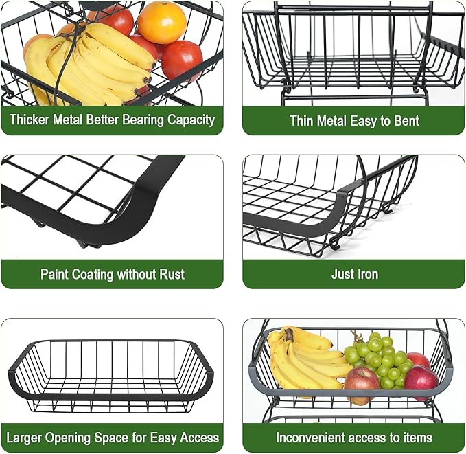 Fruit Vegetable Storage Basket, Kitchen Fruit Vegetable Storage Cart, 5 Tier Stackable Metal Wire Storage Baskets with Wheels, Produce Basket Organizer Bins for Pantry, Bathroom, Black