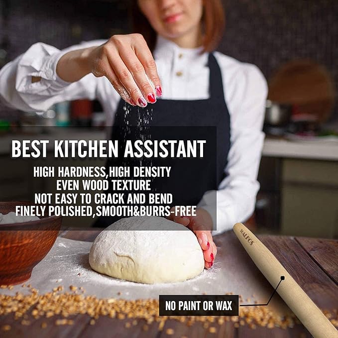 WALFOS French Rolling Pin for Baking, Tapered Design Natural Beech Wood Rolling Pins, Essential Kitchen Dough Roller for Fondant, Pizza, Pie, Cookie and Pastry