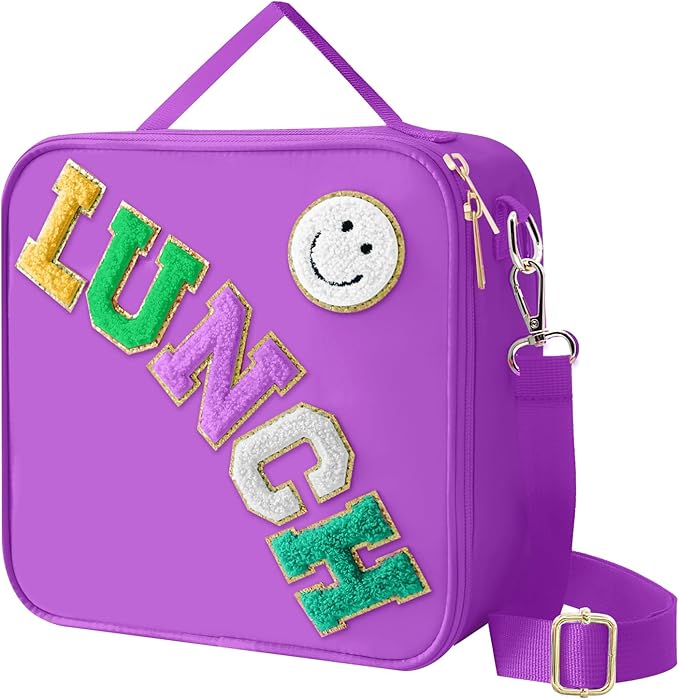 Insulated Lunch Bag With Adjustable Shoulder Strap, Nylon Preppy Lunch Box Large Insulated Lunch Bag Reusable Lunch Tote Bag with Smiley Preppy LunchBag for Girls School Travel Picnic (Dark purple)