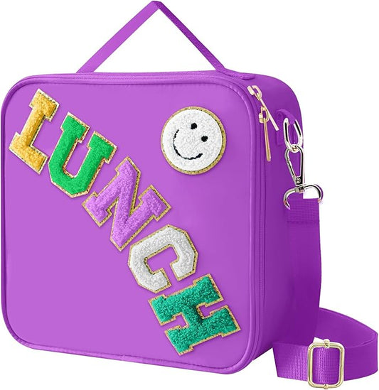 Insulated Lunch Bag With Adjustable Shoulder Strap, Nylon Preppy Lunch Box Large Insulated Lunch Bag Reusable Lunch Tote Bag with Smiley Preppy LunchBag for Girls School Travel Picnic (Dark purple)