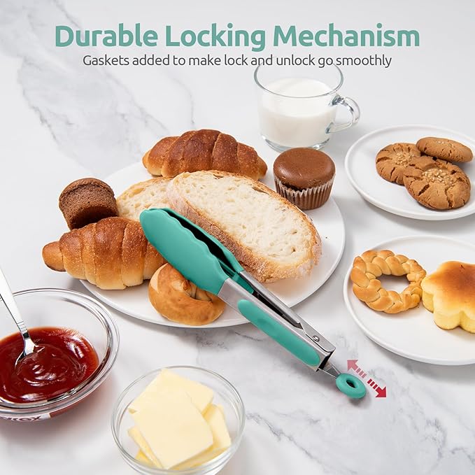 480ºF Heat Resistant Kitchen Tong: U-Taste 7in Silicone Cooking Tong with Firm Sealed Non Stick Rubber Tips & Silicon Coated 18/8 Stainless Steel Handle & Smooth Locking for Serving Salad (Aqua Sky)