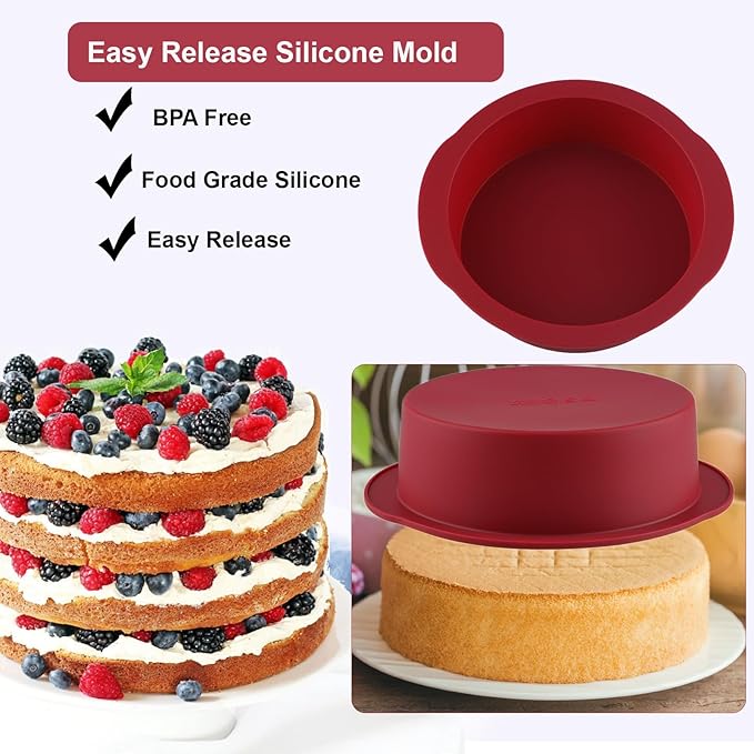 Nalchios 6 inch Silicone Round Cake Pans Set of 3, Non-stick Easy Releasing Mini Cake Pans, Flexible BPA Free Silicone Baking Mold Pans for Layer Cake, Mini Cake Pizza, Cheese Cake, Chocolate Cake