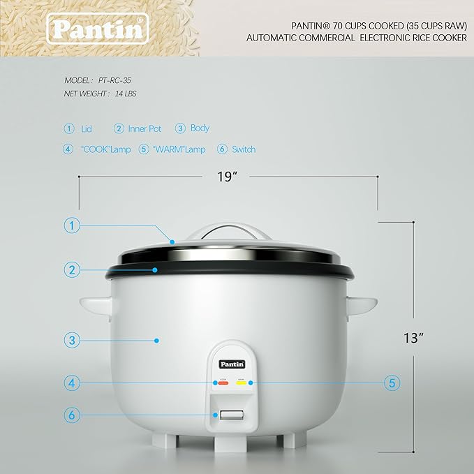 Pantin Commercial Electric Rice Cooker – 35 Cups Raw / 70 Cups Cooked Capacity w/Measuring Cup & Scoop – High-Efficiency Large Rice Cooker Commercial Rice Cooker for Restaurants, Hotels and Catering