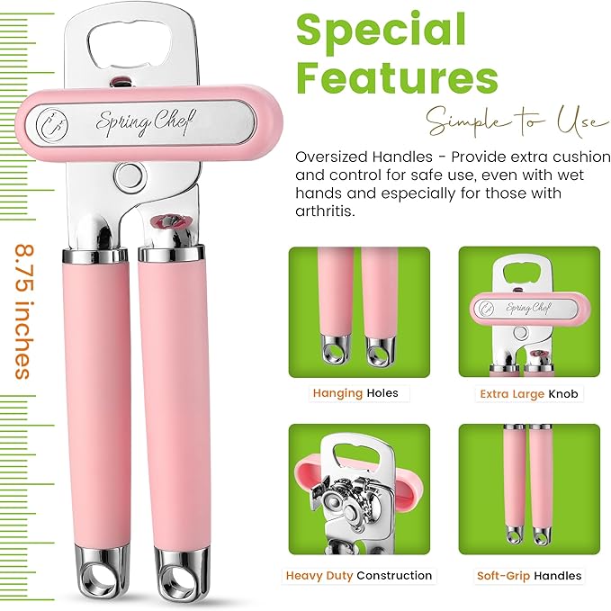 Spring Chef Stainless Steel Can Opener - Manual with Soft Grip Handles, Easy Turn, Heavy Duty Hand Can Openers for Seniors with Smooth Edge - Magnetic Lid Remover - Pink Lemonade