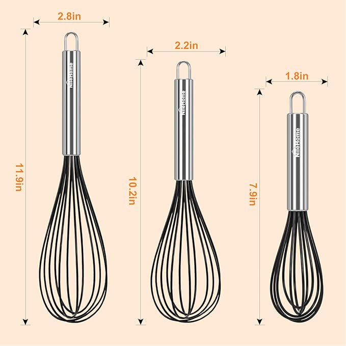 NileHome Whisk Commercial Whisks Stainless Steel & Silicone Non-Stick Coated Small Whisk Set 8" 10" 12" Kitchen Wisk Wire Whisks for Cooking 3 Pack, Black