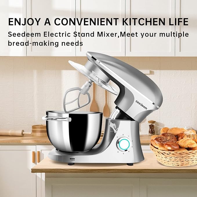Seedeem Stand Mixer, 6Qt Electric Food Mixer, 660W 6-Speeds Tilt-Head Dough Mixers with Dishwasher-Safe Dough Hook, Wire Whip & Beater for Daily Use, Silver