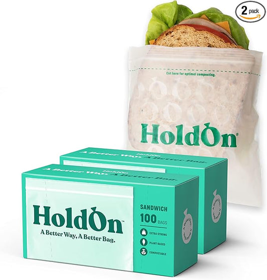 HoldOn Zipseal Sandwich Bags – Compostable, PFOA-Free, BPA-Free, Food-Safe Zip Seal Food Storage Bags With Secure Seal for Home & Travel, Freezer-safe (2-Pack, 200 bags total)