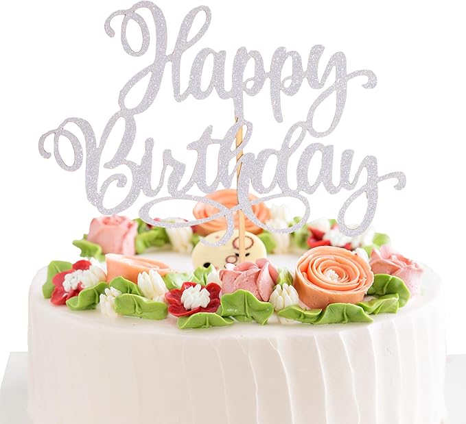 Happy Birthday Cake Toppers 9 Inch Glitter Happy Birthday Cake Pick for Birthday Anniversary Theme Party Cake Decorations Supplies - Silver