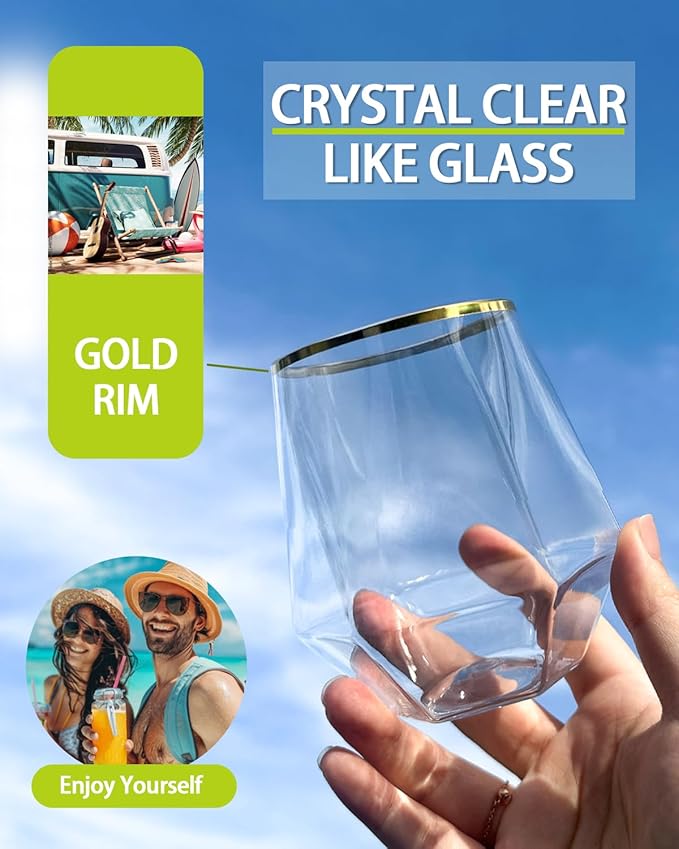 40 Pcak Plastic Stemless Wine cocktail Whiskey Champagne Glasses, 12 Oz Gold Rim Disposable Clear Unbreakable Cups for Party Bars Wedding Tasting (Diamond-shaped)