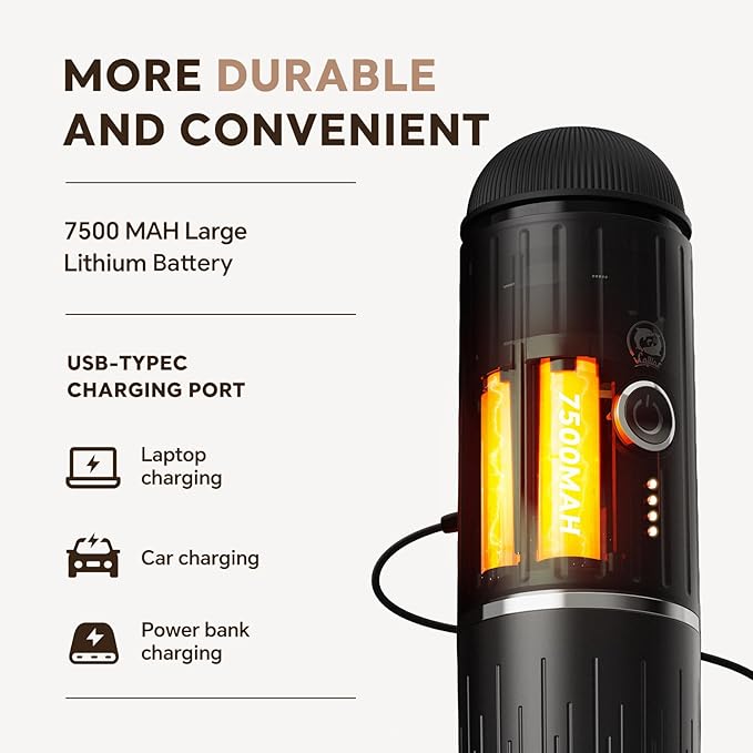 Rich Crema Portable Electric Espresso Coffee Maker, Fast self-heating 2 IN 1 Extraction System Espresso Machine, Support Ground Coffee and NS capsule, for Travel、Car、Hiking、Climbing（Black）