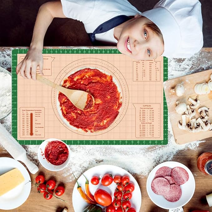 Silicone Pastry Baking Mat Non Stick-Large Rolling Dough with Measurements-Non Slip Pizza,Fondant,Pie,Cake Baking Mat - 26 x 16 Inch By Cook Time(Green)