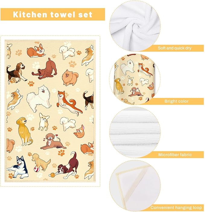 Cute Dogs Kitchen Towels and Oven Mitts Set 4Pcs, Soft Absorbent Dish Cloth Heat Resistant Oven Gloves for Cooking Baking Kitchen Decoration, Gifts for Her