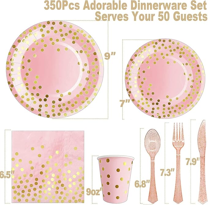 AIRE 350PCS Pink and Gold Party Supplies, Severs 50 Disposable Partyware, Gold Plastic Cutlery, Napkins, Plates for Baby Shower, Birthday, Wedding