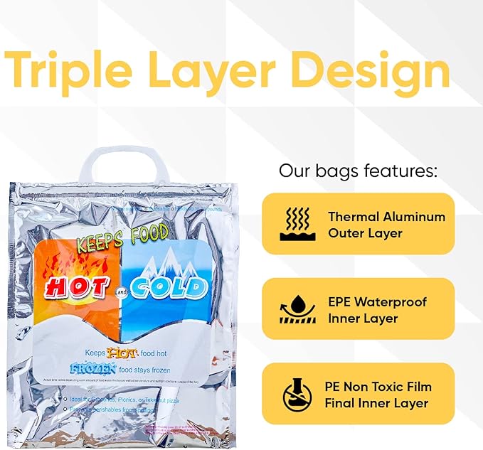 Superio Hot and Cold Insulated Bags for Food Delivery, Grocery Shopping Bags, Food Storage for Hot and Frozen Food for Travel, Disposable Cooler Bag, Reinforced Thermal Lunch Bag (1, 16"x5.5"x19")