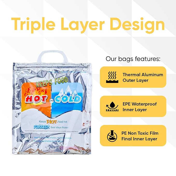 Superio Hot and Cold Insulated Bags for Food Delivery, Grocery Shopping Bags, Food Storage for Hot and Frozen Food for Travel, Disposable Cooler Bag, Reinforced Thermal Lunch Bag (3, 15.5"x13")
