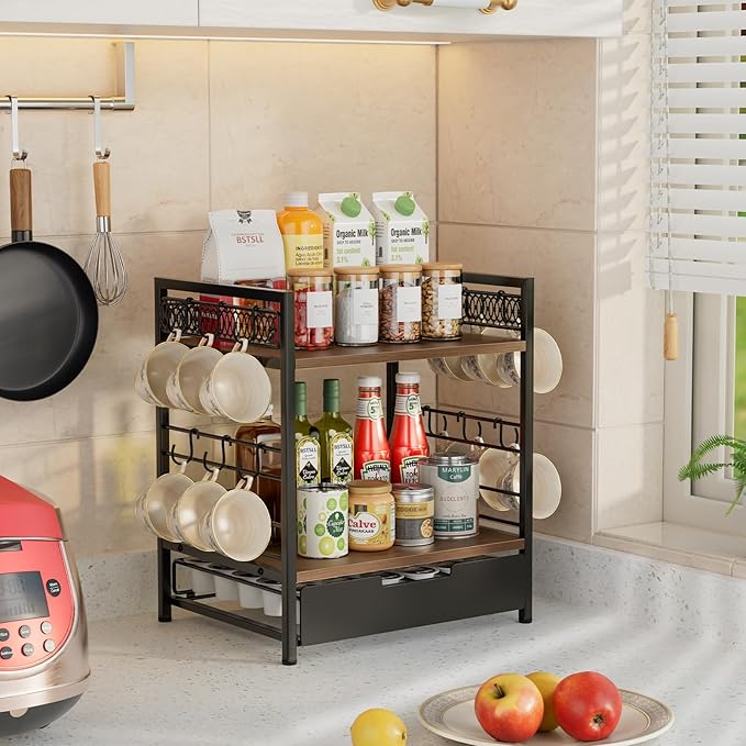 Coffee Bar Organizer, 3 Tier Coffee Station Organizer for Countertop, 30 K Cup Pod Drawer, Mug Cup Holder Stand With 12 Hooks, Multifunctional K Pods Shelf Storage Holder Drawer