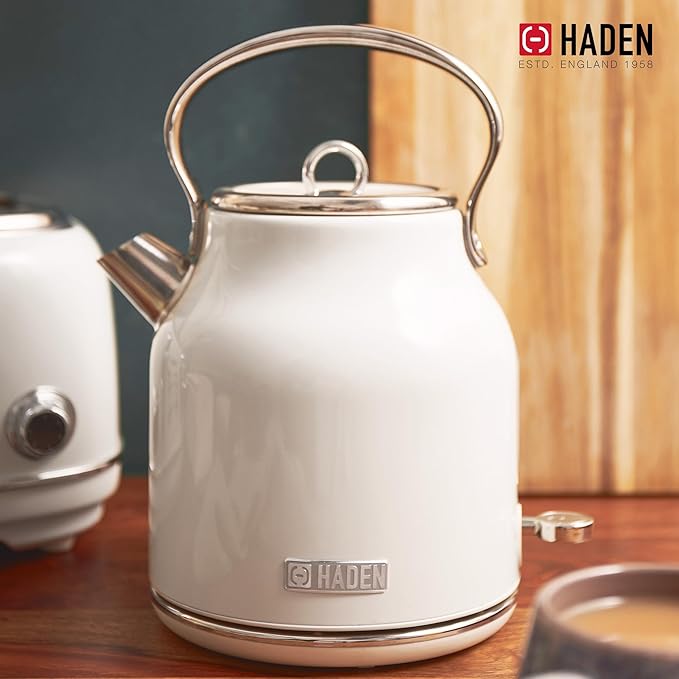 Haden Heritage 1.7 Liter Stainless Steel Electric Kettle, Hot Water Kettle with 360-Degree Base and Auto Shutoff, Ivory & Chrome