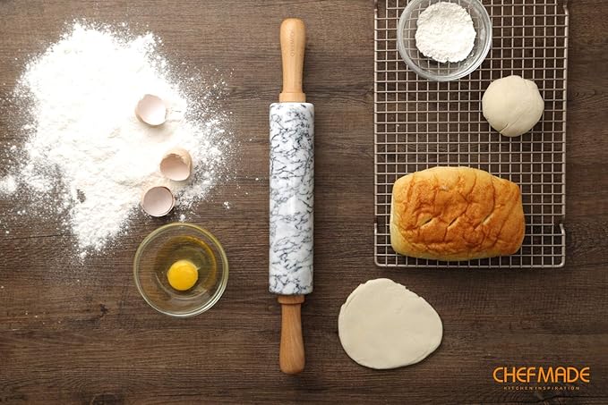 CHEFMADE 18-Inch Marble Rolling Pin with Wooden Handles and Cradle, Non-Stick (Gray and White)