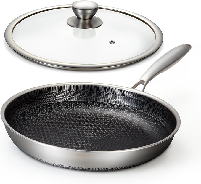 Nonstick Stainless Steel Frying Pan, 8 Inch Hybrid Frying Pan with Lid, Dishwasher and Oven Safe, PFOA Free, Home Use for All Stoves