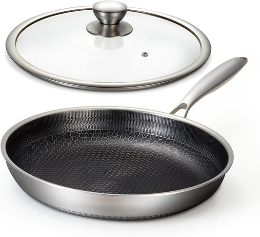 Nonstick Stainless Steel Frying Pan, 8 Inch Hybrid Frying Pan with Lid, Dishwasher and Oven Safe, PFOA Free, Home Use for All Stoves