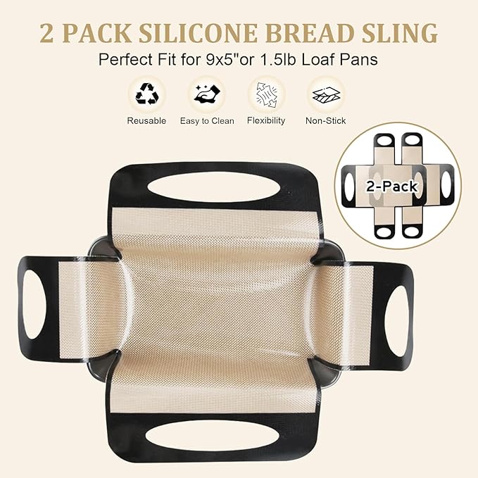 2 Pack Silicone Bread Sling with Handles – Non-Stick Baking Mat Fits 9x5" or 1.5LB Loaf Pans | Reusable, Easy Clean | Perfect for Homemade Bread, Cake, Meatloaf | Bakers & Home Cooks,19"x15"