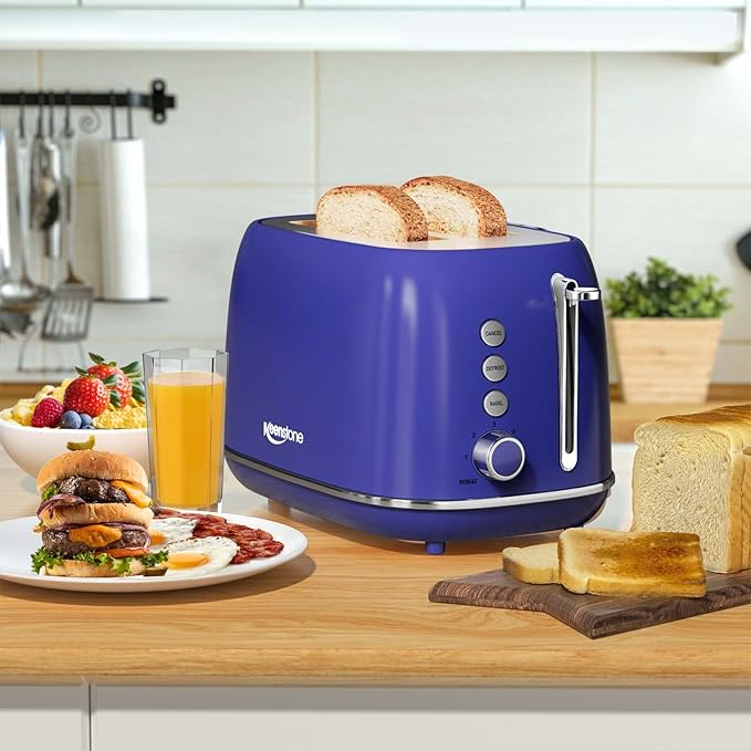 Keenstone Retro 2-Slice Stainless Steel Toaster - Bagel, Cancel, Defrost Functions, Extra Wide Slots, High Lift Lever, 6 Shade Settings, Removable Crumb Tray, Dark Blue