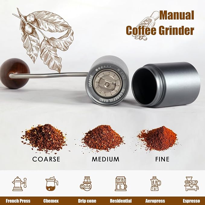 Manual Coffee Grinder - Precision CNC Stainless Steel Burr Grinder with Adjustable Settings, Grey Blue, Double Bearings for Smooth Grinding - Ideal for Home, Office, and Camping Espresso Enthusiasts