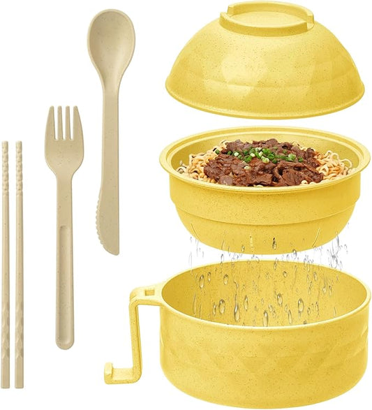 Ramen Cooker,32oz Ramen Bowl Set,Microwave Ramen Bowl, Microwave Bowl with Lid, Portable Noodle Bowls,for Home Office Dorm Room College gift (Yellow)