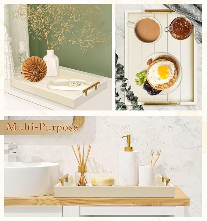 Coffee Table Tray - Large Ottoman Tray for Living Room - Wood Serving Trays with Handles(2 Sets) - Wooden Trays for Coffee Table, 4 Round Coasters Included, Off-White