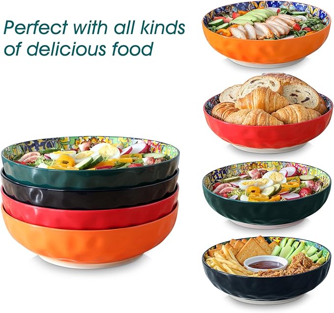 vancasso Large Serving Bowls, 78 Oz Extra Large Salad Bowls Set of 2, Bohemian Decorative Bowls for Salad, Fruit, Pasta and Dinner, Serving Dishes Set for Party, Dishwasher & Microwave Safe－Green