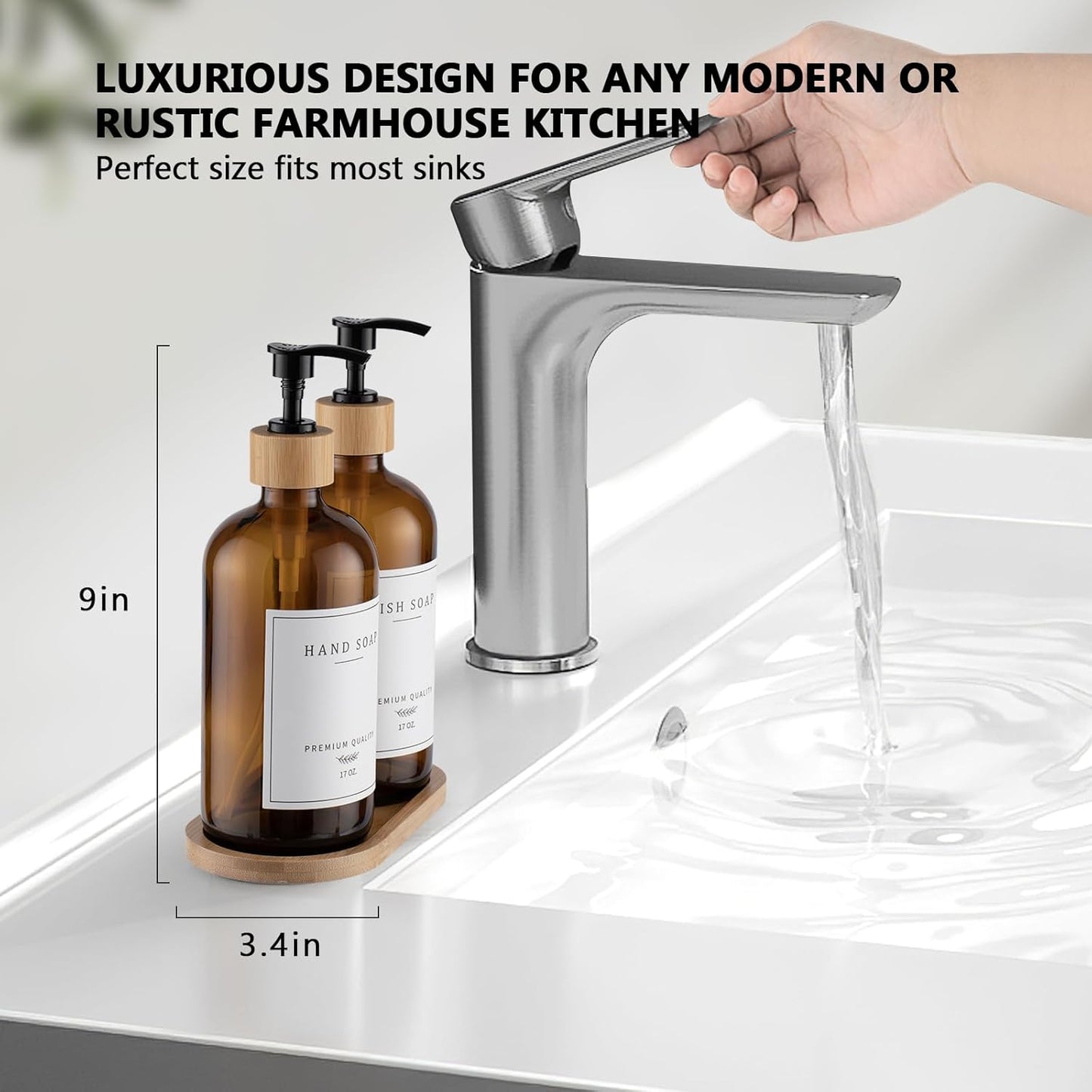 Amber Glass Soap Dispenser - Dish Hand Soap Dispenser for Kitchen Set, Soap Lotion Dispenser Bathroom with Sturdy Pump and Tray, 14 Waterproof Labels,Refillable Dispenser-Amber
