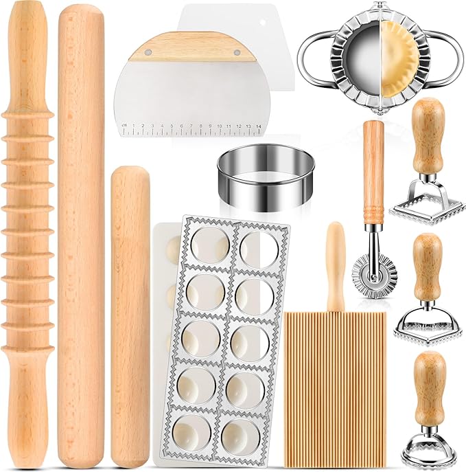 14 Pieces Pasta Making Tools Set, Ravioli Mold Set, Ravioli Maker with Roller Wheel, Ravioli Cutter Set with Wooden Handle, Pasta Making Kit for Ravioli Press Mold. Suitable for Home and Beginners