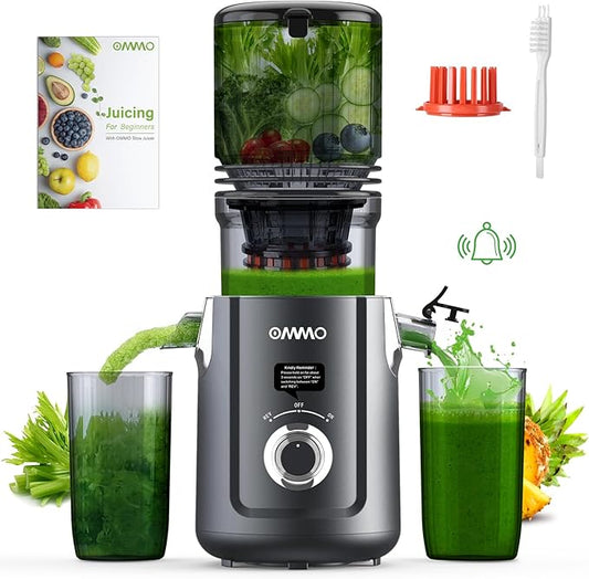 OMMO Cold Press Juicer Machines: 5.1" Feed Chute for Whole Fruits & Veggies, 300W Slow Juicer BPA Free for Kids, Beep Alert Easy Clean Juicers for Busy Mornings/Moms/Fitness/Healthy Living, Grey