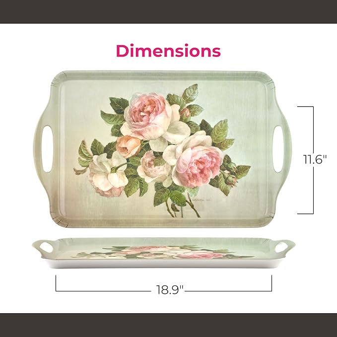 Pimpernel Antique Roses Large Handled Tray - Durable Melamine Serveware with Handles - Dishwasher-Safe Floral Decorative Centerpiece - 18.9" x 11.6" Elegant Tray for Entertaining Guests