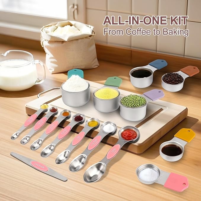 15-Piece Stainless Steel Measuring Cups and Spoons Set, Strong Magnetic Nesting Design 7 Cups 7 Spoons with Leveler, Double Measurement Markings for Dry & Liquid Ingredients, Pink & Colorful
