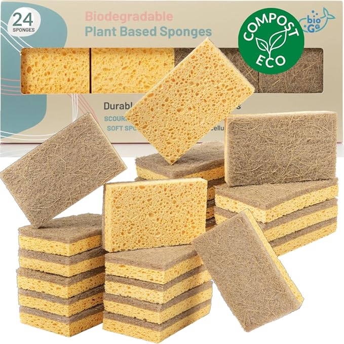 bioGo 24 Pack Biodegradable Kitchen Sponges - Eco-Friendly, Compostable, Natural Cellulose Dish Sponge - Biodegradable - Kitchen