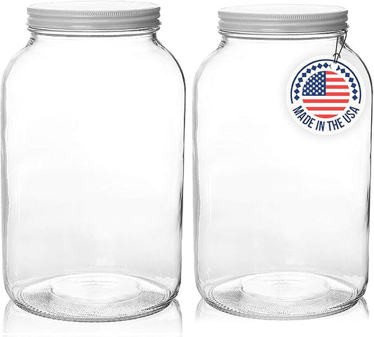 kitchentoolz 1 Gallon Glass Jar with Lid – Wide Mouth Large Glass Jar for Fermenting, Pickling, Canning, Water Glassing Eggs, Kombucha, and Food Storage – BPA-Free, Made in USA (2-Pack)