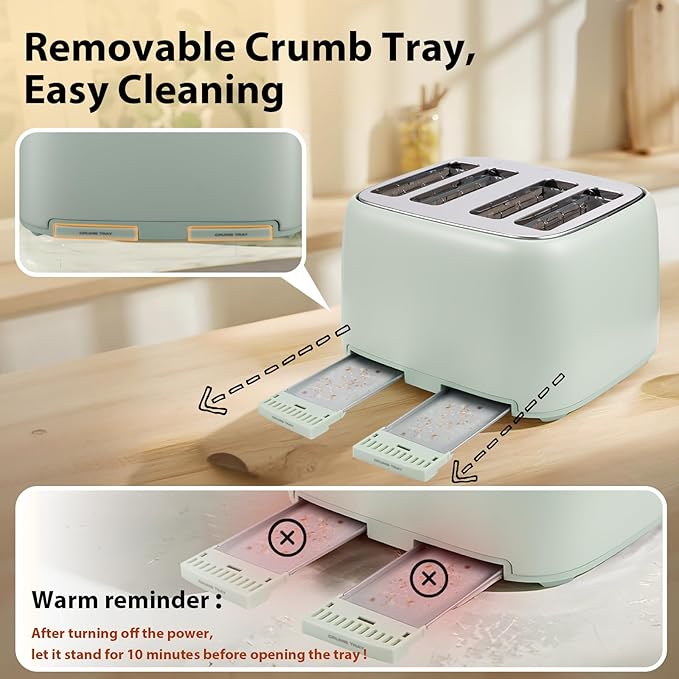 4-Slice Toaster 1.5" Extra Wide Slot Stainless Steel with High Lift Lever, 6 Presets & Bagel/Defrost/Cancel Function, Removal Crumb Tray, Under Base Cord Storage, Green