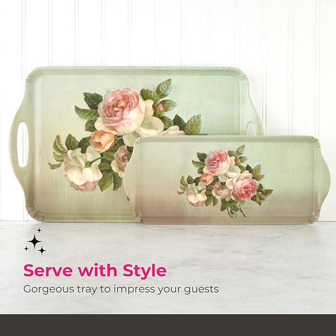 Pimpernel Antique Roses Large Handled Tray - Durable Melamine Serveware with Handles - Dishwasher-Safe Floral Decorative Centerpiece - 18.9" x 11.6" Elegant Tray for Entertaining Guests